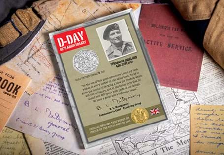This D-Day collector's frame houses the UK 1944 Threepence alongside the UK 2024 BU D-Day 50p coin in the collector's frame