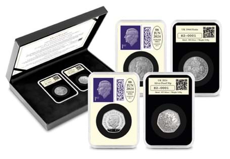 This DateStamp commemorates the 80th anniversary of D-Day by bringing together the UK 2024 D-Day Silver Proof 50p and the 1944 Florin. Postmarked with the anniversary of the landings - 6th June 2024
