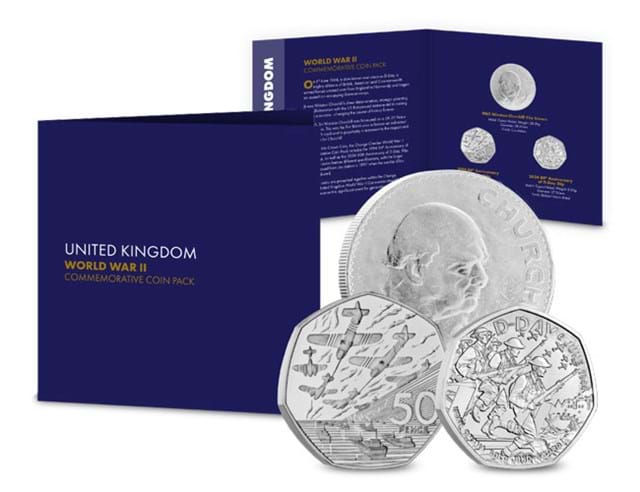 World War II Commemorative Coin Pack with coins up close