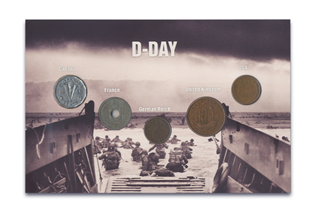 Five historical coins of the participating nations of WWII are protected in this pack. Included are coins of the U.S, U.K., Germany, Canada and France. Each were in circulation at the time of D-Day.