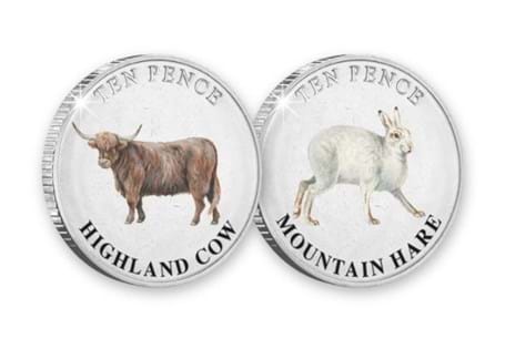 This 2024 Guernsey Highland Animals Colour 10p Pair features the Highland Cow and Mountain Hare. Struck to a frosted BU quality and comes in presentation case with space for certificate.