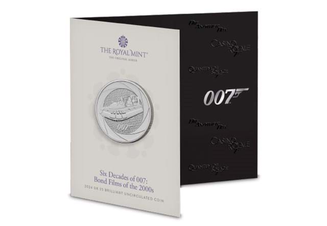 128P UK 2024 Decades Of Bond 2000S BU £5 Coin In Pack Front