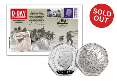 This UK Silver Coin Cover features the UK 2024 D-Day Silver Proof 50p coin, alongside a commemorative label and a 1st class stamp. It has been postmarked with the anniversary date - 06.06.24. EL: 195