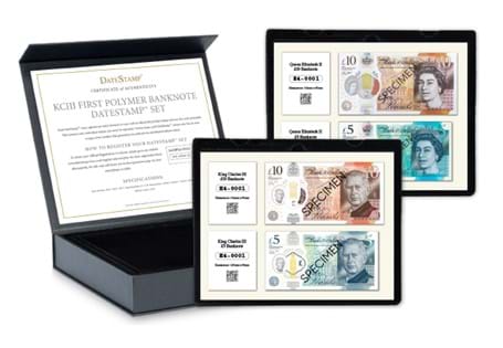 This set features the first King Charles III £5 and £10 banknotes alongside the last Queen Elizabeth II £5 and £10 banknotes, postmarked on the 5th June 2024. EL: 2,024.