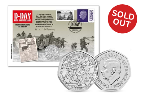 This UK Coin Cover features the UK 2024 D-Day BU 50p issued by the Royal Mint, alongside a commemorative label and 1st class stamp. Postmarked with the anniversary date of D-Day - 06.06.24. EL: 495.