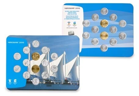 This 14-coin base metal set consists of 12 Quarters and 2 1 Dollar coins from Canada, in honour of the 2010 Olympics. The coins are displayed in a protective pack, ready for you to display at home.