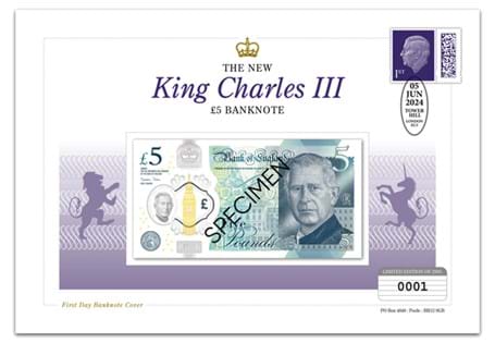 This cover features the brand new King Charles III £5 banknote and a 1st class stamp, which will be officially postmarked by Royal Mail on the 5th June. EL: 2,995
