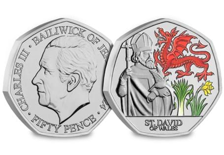 The 2024 St. David Colour BU 50p has been issued by Jersey in
celebration of the Patron Saint of Wales.
