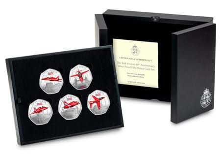 This year marks the 60th anniversary of Red Arrows, and to celebrate Jersey have issued 5 brand new 50ps. This silver set features all 5 struck from Sterling Silver with colour print. EL: 995