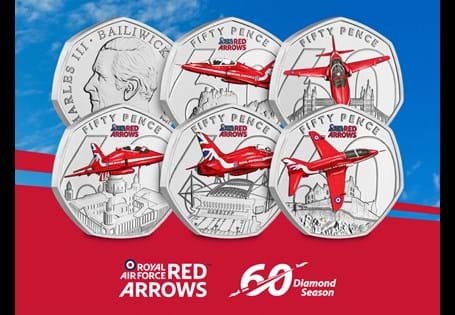 This year marks the 60th Anniversary of the Red Arrows, and to celebrate Jersey have issued 5 brand 50ps. Each 50p features a Red Arrow flying over a famous landmark. 