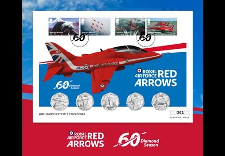 Featuring all 5 2024 Red Arrows BU 50ps. With 4 Royal Mail 1st Class Stamps postmarked with their first day of issue - 20.6.24. Coin designs feature Red Arrows flying over British landmarks. EL: 495