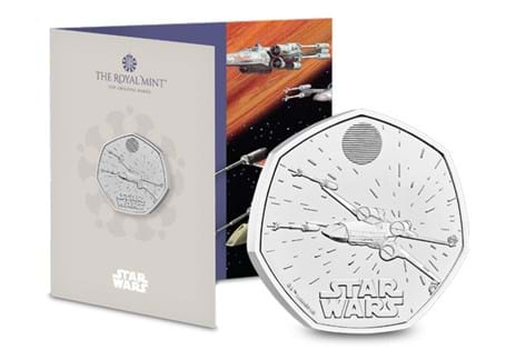 This UK 2024 BU 50p features the Star Wars X-Wing and has been issued by The Royal Mint. It has been struck to a Brilliant Uncirculated quality and it is displayed in official Royal Mint packaging.