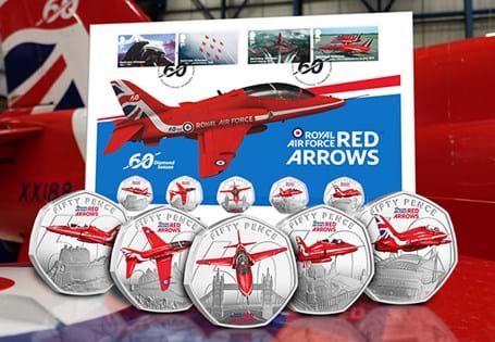 Featuring all five of the 2024 Red Arrows Silver 50ps, with 4 Royal Mail 1st Class Stamps postmarked with their first day of issue - 20.6.24. It has been flown on board a Red Arrow. EL: 200