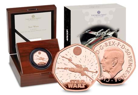 This Gold Proof 50p features the Star Wars X-Wing and has been issued by The Royal Mint. It has been struck from 22 Carat Gold to a Proof Finish and comes in official Royal Mint packaging. EL: 100