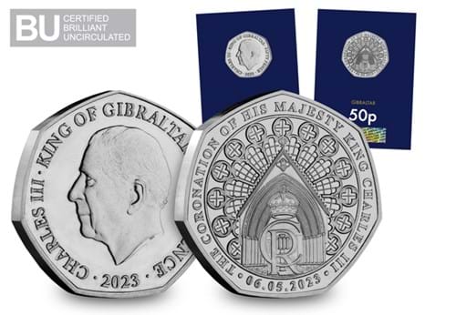 2023 Gibraltar Coronation 50p in cards and close up