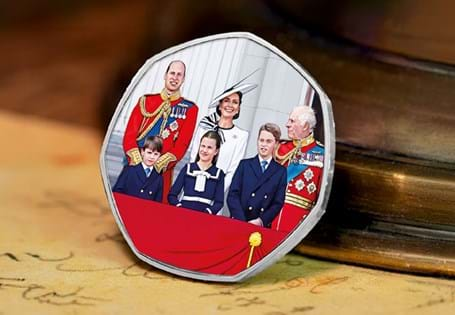 This specially commissioned Trooping the Colour Commemorative has been issued to celebrate King Charles III Official Birthday. Featuring The Royal Family on the Balcony of Buckingham Palace. 