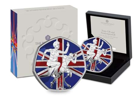 This UK 2024 Silver Colour 50p features mosaic artwork of a Team GB and Paralympics GB athlete backed by the Union flag. It has been struck to a Proof quality, displayed in Royal Mint packaging.