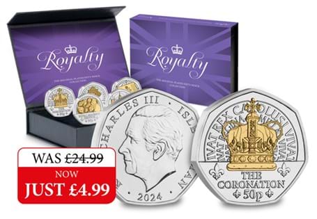 Issued by the Isle of Man to commemorate King Charles III's
first year as king, this 50p coin features the Coronation Crown and has been
plated in silver and 24 carat gold and struck to a BU finish.