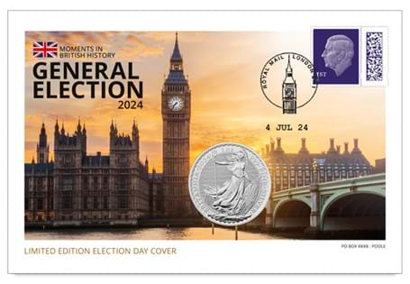 Silver Coin Cover issued to mark the General Election on 4th July 2024. Features a 1st Class Definitive and the 2024 Fine Silver Britannia. Postmarked 04/07/24. Edition Limit: 995.