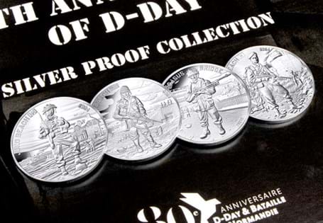 This four coin set houses Monnaie de Paris' 10 Euro Silver Proof coinsdepicting Sword, Juno, Pegasus, and Omaha beach from D-Day