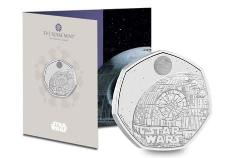 This UK 2024 BU 50p features the Death Star II and has been issued by The Royal Mint. It has been struck to a Brilliant Uncirculated quality and it is displayed in official Royal Mint packaging.