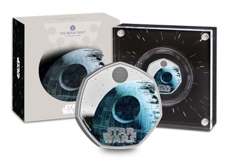 This Silver Proof 50p features the Star Wars Death Star II.  Struck from 92.5% Sterling and features selective colouring. It comes displayed in official Royal Mint packaging. EL: 7,500.
