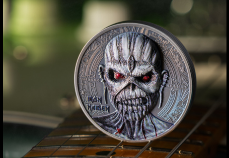Issued by the Cook Islands and struck from 2oz of Pure Silver to an Antique Finish. It's design pays tribute to Iron Maiden's album The Book of Souls, and features their mascot, Eddie. EL: 999
