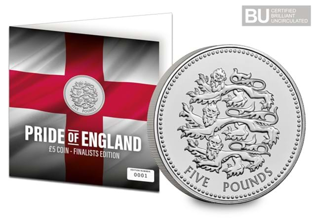 Pride of England Finalists £5 Display Card beside coin up close and BU logo