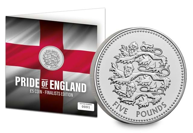 Pride of England Finalists £5 Display Card beside coin up close