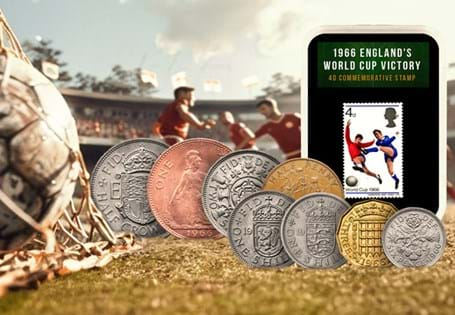 This coin and stamp collection houses the complete UK 1966 coin set with the GB 1966 Football Winners Stamp