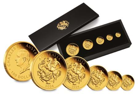 This 2024 Perth/Australia 5-Coin Sovereign Set includes the Full Sovereign, Half Sovereign, Quarter Sovereign, Double Sovereign and the Five Sovereign, all struck from 22 Carat Gold.