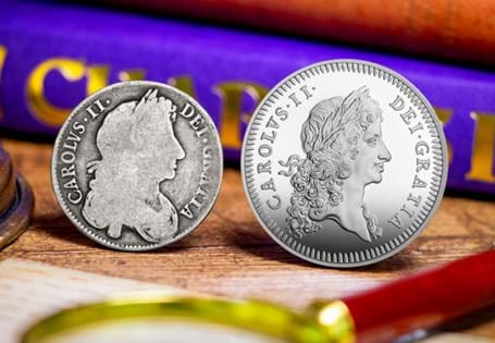 This coin pair brings together the UK 2023 Charles II 1oz Silver Proof coin and UK Charles II Half-Crown