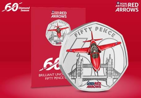 This is the 60th Anniversary of the Red Arrows, and to celebrate Jersey have issued a new 50p. Featuring a Red Arrow flying over Tower Bridge and has been struck to a BU finish with select colour.