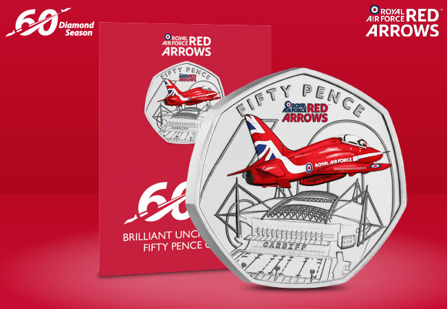 Red Arrows Over Cardiff BU Colour 50p Coin