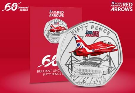 This year is the 60th Anniversary of the Red Arrows, and to celebrate Jersey have issued a new 50p. Featuring a Red Arrow flying over Millennium Stadium  struck to a BU finish with select colour.