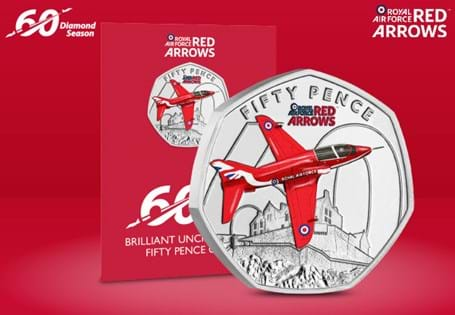 To marks the 60th Anniversary of the Red Arrows, Jersey have issued a new 50p. Featuring a Red Arrow flying over Edinburgh Castle, struck to a Brilliant Uncirculated finish with selective colour print