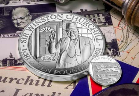 This Silver Proof 5oz coin has been issued by Guernsey to mark 150 years since the birth of Sir Winston Churchill.