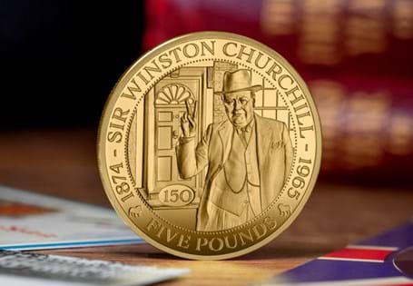 This Gold Proof £5 has been issued by Guernsey to mark 150 years since the birth of Sir Winston Churchill. 