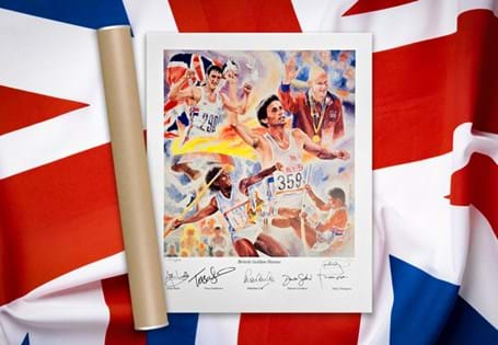 Limited Edition print signed by British Olympic Gold Medallists: Coe, Goodhew, Sanderson, Thompson & Wells. Each print signed by artist Christine Ellingham and numbered within the 500 edition limit.