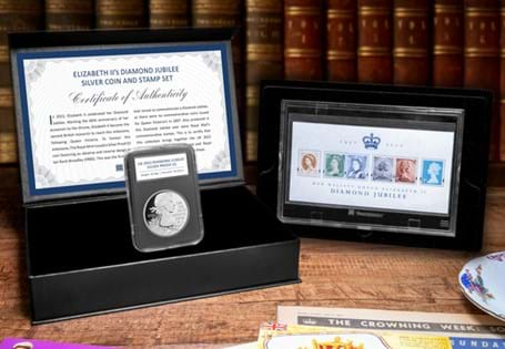 This coin and stamp set brings together the UK 2012 Diamond Jubilee Silver Proof £5 coin and the official GB Diamond Jubilee minisheet