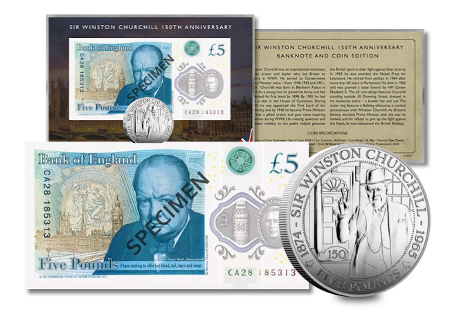 Winston Churchill 150th £5 Coin and Note Pair