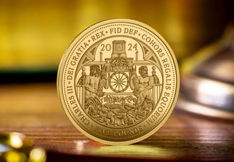 Issued to mark 200 years since the historic Royal Mews were built, this five pound coin has been struck from one ounce of 24 Carat Gold to a Proof finish. 