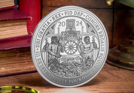 Issued to mark 200 years since the historic Royal Mews were built, this fifty pound coin has been struck from 10 ounces of Pure Silver to a Proof finish. 