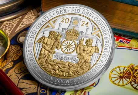 Issued to mark 200 years since the historic Royal Mews were built, this ten pound coin has been struck from 5 ounces of Pure Silver with selective 24 Carat Gold-plate to a pristine Proof finish.