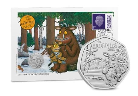 This coin cover is for the 20th anniversary of The Gruffalo's Child. Each cover includes a first class stamp officially postmarked by The Royal Mail for the date of the anniversary.