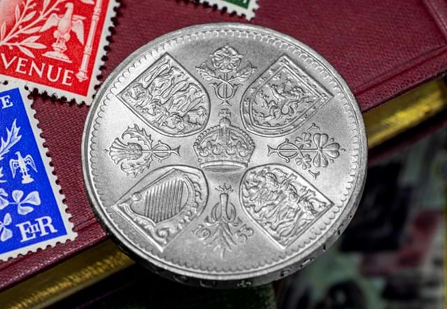 QEII 1953 Coronation Crown And Stamp Pair Coin Close Up