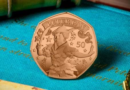 This Gold 50p features Peter Pan based on the original stage play, created by David Lawrence. The look of Peter and his costume is inspired by the original actor and costume design sketches.