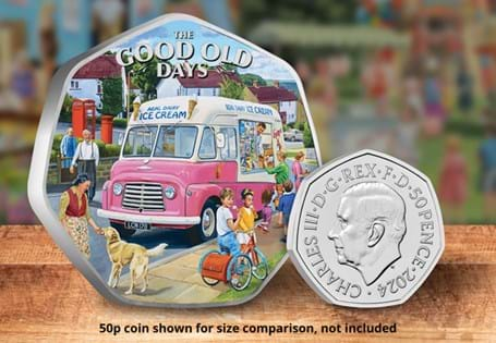 Capturing the charm of the Good Old Days, this impressive 50mm commemorative has a stunning mirror finish and features the artwork of renowned artist Trevor Mitchell.