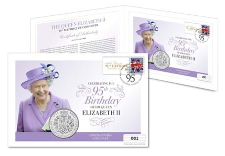 Queen Elizabeth II 95th UK Coin Cover carries Royal Mail’s 1st Class rule Britannia stamp together with an exclusive customised philatelic label paired with the UK’s official Queen's birthday £5 coin.