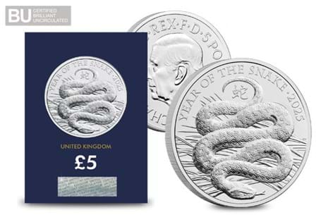 This coin was issued to celebrate the Lunar Year of the Snake.
It has been struck as a CERTIFIED Brilliant Uncirculated £5 coin, protectively
encapsulated in Change Checker packaging.